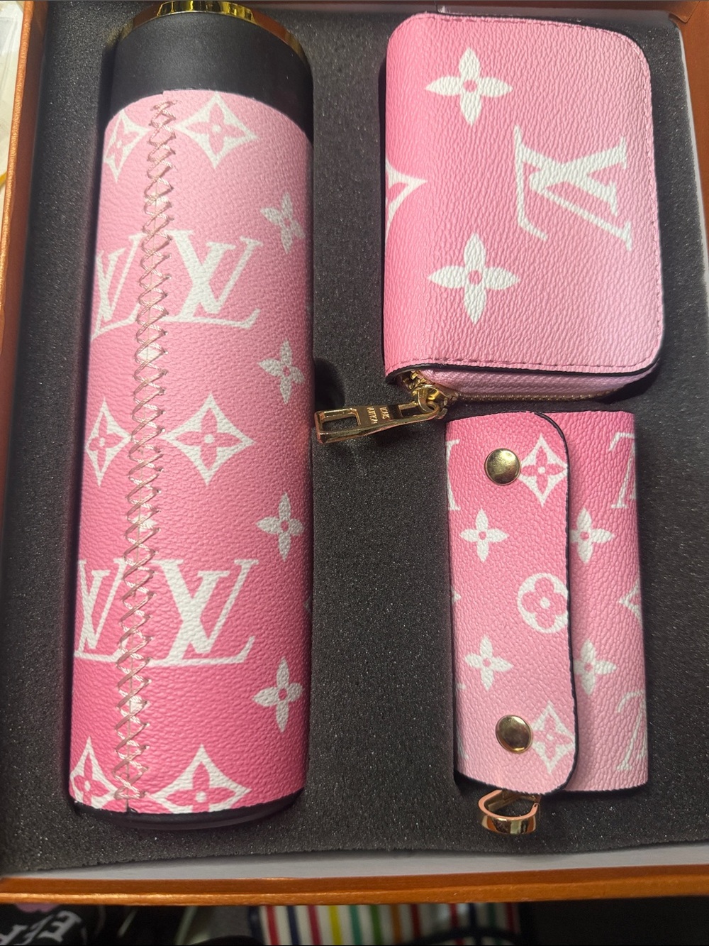 3 pcs set Pink and White Monogram thermos Accessory Setcard holder & key holder